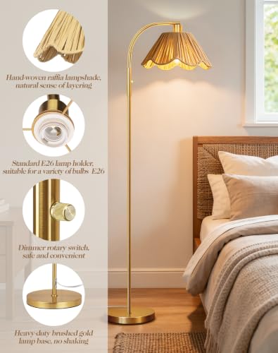 Image of QiMH Gold Floor Lamp for Living Room, Modern Standing Lamp with Raffia Lampshade, Stepless Dimmable Rotary Switch, 63 inch Farmhouse Adjustable Tall Stand up Lamp for Bedroom Home Office Boho Decor