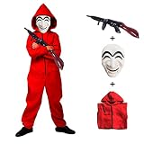 MMSBOG Halloween Karneval Kostüm Bankräuber Overall für Halloween Dieb Kostüm Overall Rot Langarm Strampler mit Kapuze,Cosplay Set Maske Und Maschinengewehr Fasching Kostüm