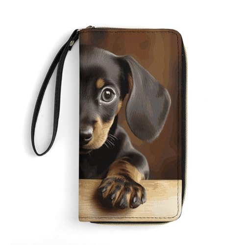 Dog Dachshund Leather Wallet Smooth Zip Around Clutch Wristlet Travel Long Soft Purse for Women