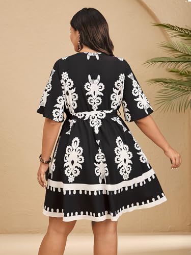 Image of SCOMCHIC Women's Plus Size Summer Dresses Short Sleeve Wrap V Neck A Line Skater Mini Short Dress XL-4XL