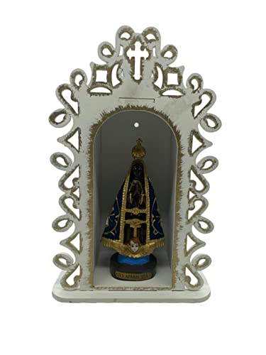 Estátua Decorativa Nossa Senhora De Cerâmica Com Oratório De MDF 24cm