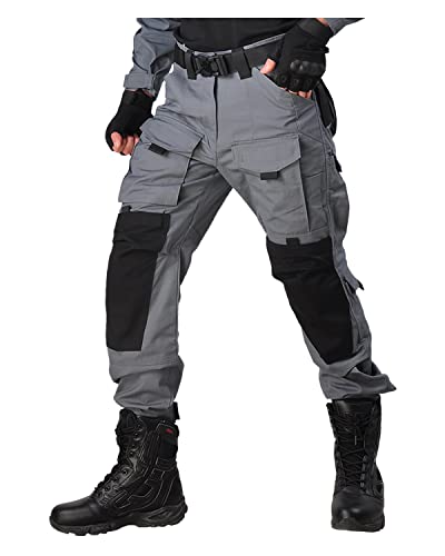 Han·wild Men's Combat Pants Tactical Military Pant With Knee Pads Airsoft Hiking Trousers Gray #TOP3