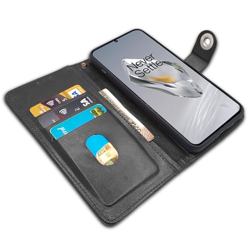 Image of Pikkme OnePlus 12 5G Flip Cover Leather Finish | Inside TPU with Card Pockets | Wallet Stand and Shock Proof | Complete Protection Button Flip Case (Black)