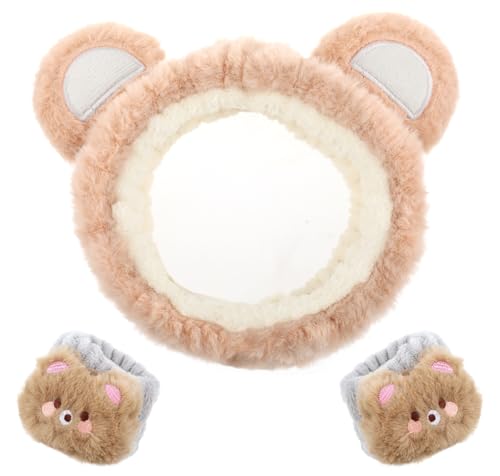 WLLHYF 3 Pieces Face Wash Headband and Wristband Set, Cute Bear Ears Spa Headband Makeup Skincare Hair Band Towels Wrist Bands Facial Head Wraps Wrist Scrunchies for Women Girls