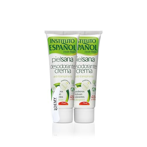 Instituto Español Crema desodorante para piel sana, antitranspirante para pieles sensibles con protección 48h, sin parabenos, colorantes ni conservantes, no mancha, paquete de 2 x 75 ml