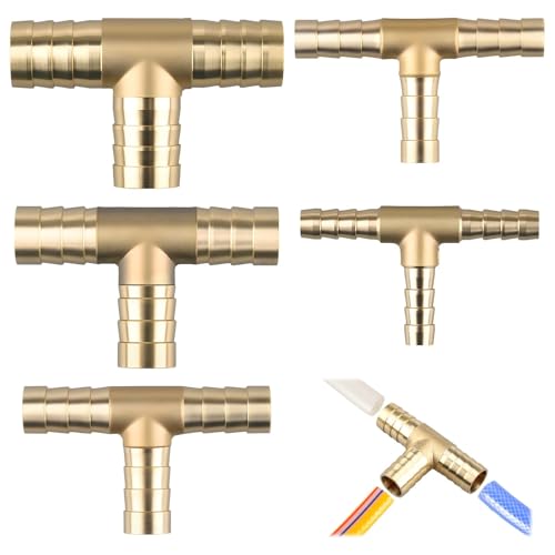 5 Piezas Conector de Manguera de LatóN 6/8/10/12/14 Mm, Conector de LíNea de Combustible En Forma de T, Conector Manguera de 3 Vias, Para Combustible, Aire, Agua Y DiéSel.