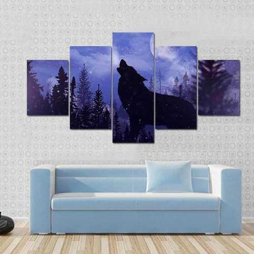 Tableau loup hurlant en 5 parties ANLIONE impression sur toile pour decoration murale salon