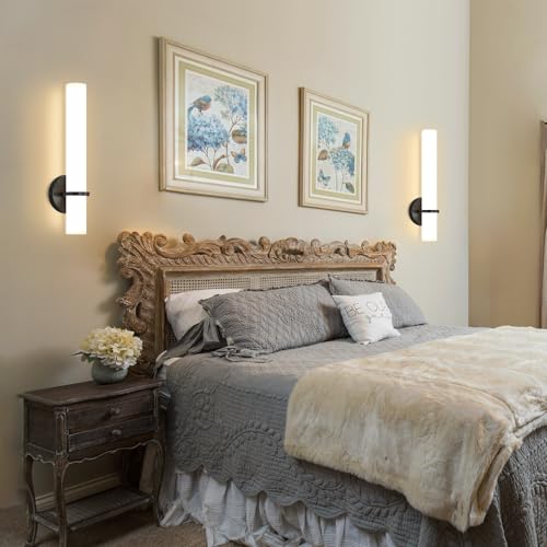 Image of 16W LED Dimming Wall Sconces 2 Packs, 3000K Warm Lights Dimmable, White Lampshade Bathroom Vanity Lighting Wall Light Fixtures for Bedroom Dining Living Hallway, Black