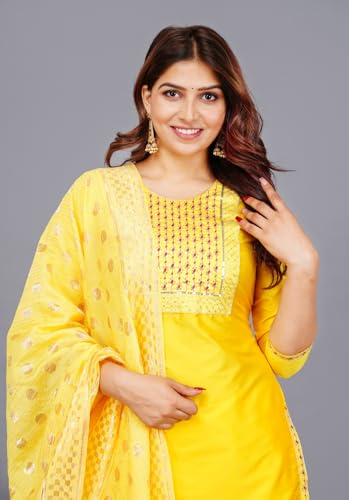 Image of Women's Silk Embroidered Kurta with Pant and Dupatta Set, Straight Style