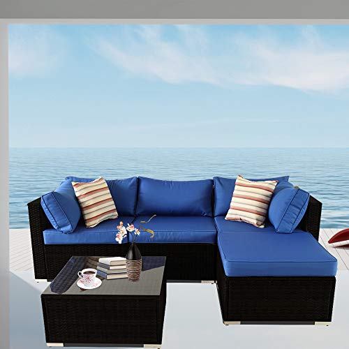 Patio Sofa 5-Piece Black PE Rattan Couch Outdoor Garden Furniture with Royal Blue