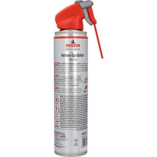 NIGRIN MOTO-BIKE Dry Lube Ketten-Sprühfett für Motorrad, 400 ml, geeignet für O-, Z- und X-Ring-Ketten, Korrosionsschutz, farblos