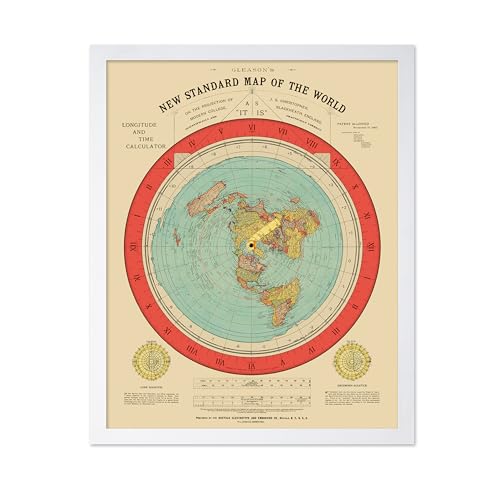 Poster Master Vintage Map Poster - New Standard of the World Map - Flat Earth Gleason's Map - Great Wall Decor Gift for Home, Office, Living Room, Bedroom, 11x14 White Framed