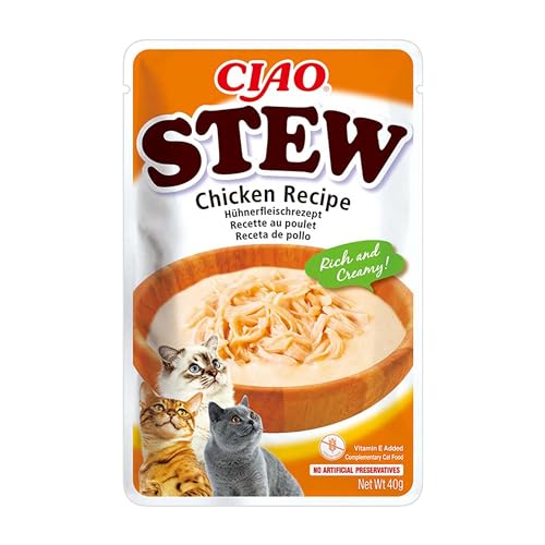 INABA Churu Stew Gatos - Guiso Saludable de Pollo - Premios Ricos y Cremosos - Sin Cereales, Sin Conservantes, Sin Colorantes - Bajo en Calorías - 40g