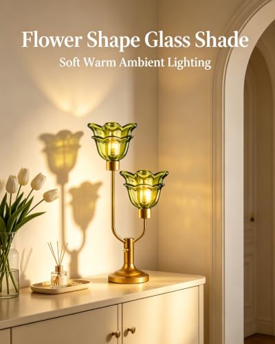 Image of Lightdot Green Glass Flower Table Lamp 2 Bulbs Included Dimmable Vintage | Nightstand Lamp Mid Century Modern Gold Desk Lamp Warmwhite Ambient Bedside Lamp for Living Room Bedroom Home Decor Gift