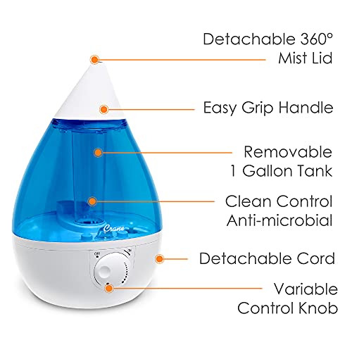 Crane Ultrasonic Humidifiers For Bedroom And Office, 1 Gallon Cool Mist Air Humidifier For Large Room And Home, Humidifier Filters Optional, Blue And White #TOP1