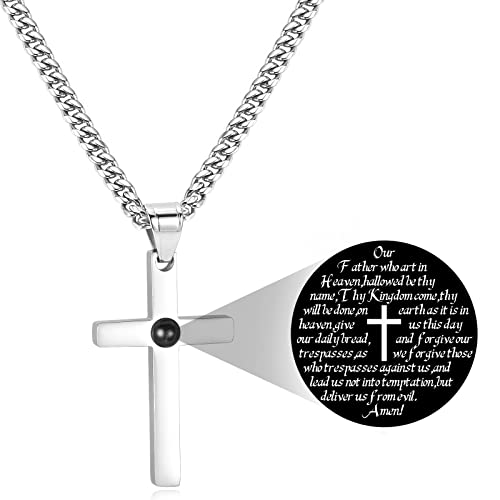 SytsLNKXXX Cross Necklace for Men - Stainless Steel Silver Cross Necklace, Engraved Bible Verse and Love Cross Pendant with Cuban link Chain, Faith Jewelry Gifts for Men Women, 5mm Width with 18-24 Inch