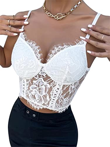 Lilosy Sexy Wirefree Lingerie Floral Lace Crop Cami Tank Top Women Sheer Longline Bralette Night Out Party Bra White 3# Medium #TOP3