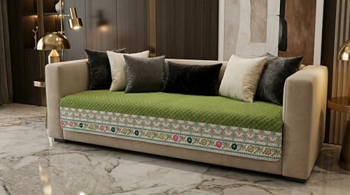 Image of Velvet L Shape 2+2 (4 Seater) Sofa Cover Fully Covered | Anti Skid Non Slip | Plain Green | Washable Furniture Protector