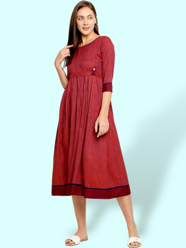 Image of DUMMY SHAPE Maternity Gown for Women | Feeding Flare Kurta with Dual Nursing Zippers for Pre & Post Partum | Maternity Dresses for Women Cotton (DS-MAT-P052 2XL, Maroon)