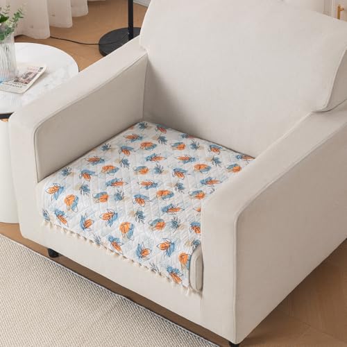 Image of HOKIPO Abstract Petals Quilted Sofa Cover Mat with Tassels for 1 Seater 'Tassel Twigs' Series (IN-982-T10)
