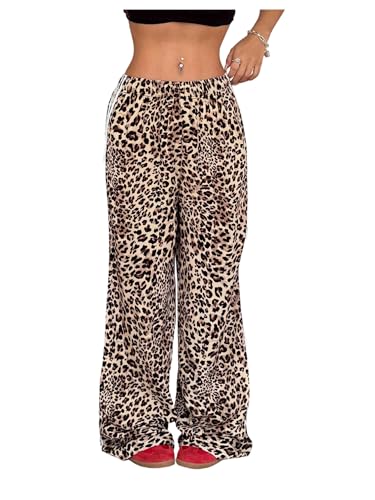 OYOANGLE Women's Leopard Print Striped Knot Side Trousers High Waist Straight Leg Baggy Pants