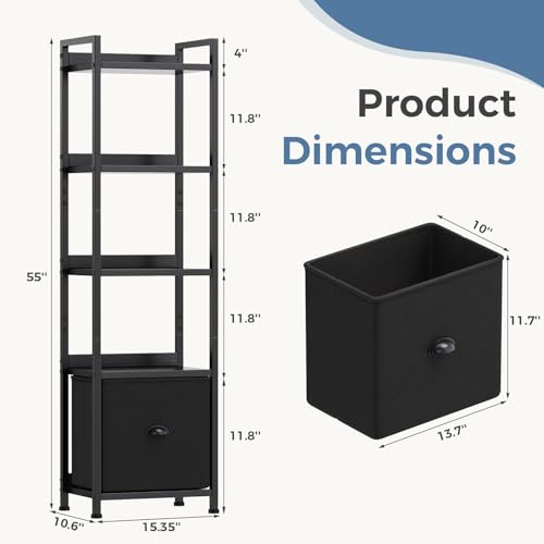 Image of DUMOS 5 Tier Bookshelf with Fabric Drawer, Tall Industrial Bookcase, Narrow Display Standing Shelf, Black Wood and Metal Storage Shelf Organizer in Bedroom, Living Room, Black