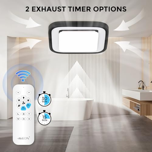 Image of Akicon Bathroom Exhaust Fan with RGB LED Light, 110 CFM 1.5 Sone Ultra Quiet Bathroom Vent Fan for Ceiling, 3CCT Dimmable Light & Nightlight, Remote Control, Square (Black)