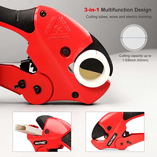 Hautmec Multifunction Ratchet-Type Tube And Pipe Cutter, One-Hand Fast Pipe Cutting Tool For Cutting Up To 1-5/8 Inch, 3-In-1 Tubes, Wire And Trunking Cutter Ht0257-Tc #TOP1