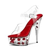 Sandalias de Plataforma de tacón de Aguja de tacón Alto para Mujer, Zapatos de tacón de Fiesta de Moda, adecuados para Nightclub Pole Dance,Rojo,39 EU