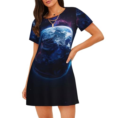 Chemise de nuit légère planète pour femme en coton respirant à manches courtes