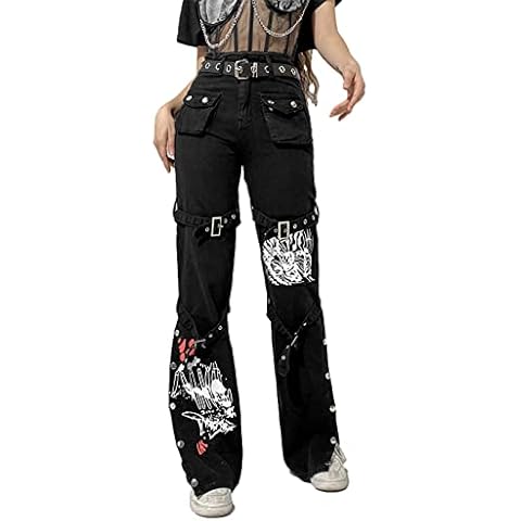 Womens High Waisted Jeans Gothic Punk Cargo Pants Y2k Casual Loose Wide Straight Leg Baggy Jeans E Girl Streetwear (Black, X-Large) Cover