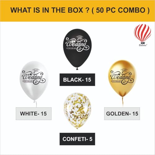 Image of HK balloons 50Pcs Golden White Black Anniversary Decoration Item Kite Set With Golden Confetti Balloon For Wedding Anniversary Decoration Combo for Couple Rubber