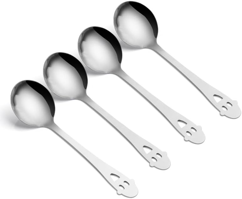 Silverware Flatware Set, 4/16/24/32 Pieces Smiling Face Stainless Steel Spoons Household Long-handled Coffee Stirring Spoon Cake Dessert Spoon Eating Round Spoon (Color : Silver, Size : 6