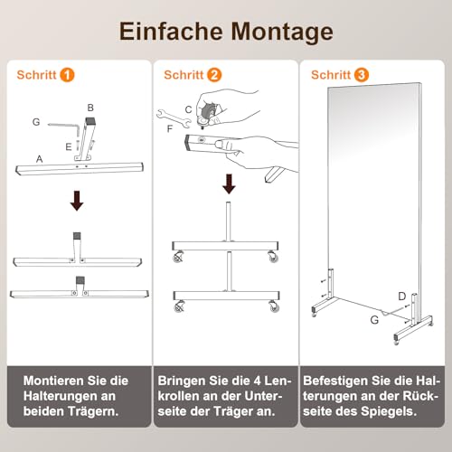 BRIVUE Splitterfreier Ganzkörperspiegel mit Rollen，180x80cm Rechteckiger Leicht superklarer Beweglicher Drehbar Standspiegel für Fitness Yoga Schlafzimmer Wohnzimmer Geschäft(180×80cm Weiß)