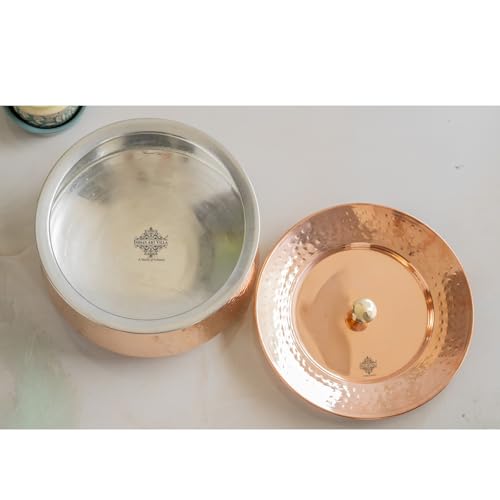 Image of Indian Art Villa Handcrafted Hammered Copper Serving Handi with Lid and Tin Lining - Traditional Indian Cookware Handi for Serving Rice, Curries, and Dishes - 2800 ML Capacity