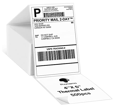 Phomemo 4x6 Thermal Direct Shipping Label, 4''x 6'' Fan-Fold Labels, Compatible with Rollo, MUNBYN, Zebra, Fargo Label Printer, 1 Pack of 500 Labels