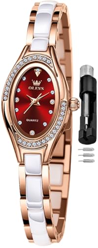 Image of OLEVS Women's Quartz Watches - Elegant Oval Diamond Dress Watch with Ceramic Band, 30M Waterproof Ladies Wrist Watch for Dress & Casual Wear (Rose Gold Blue /Red /Purple /White)