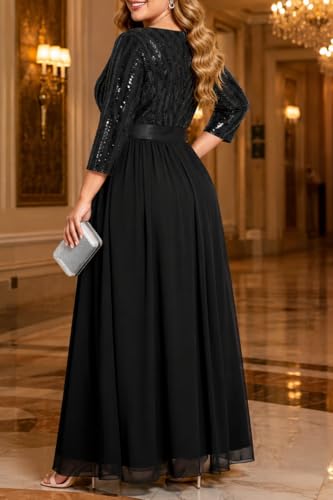Image of Womens Plus Size Formal Dresses - V Neck 3 /4 Sleeve Sequin Prom Evening Gowns Long Maxi Dres