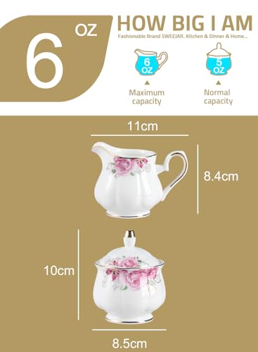 Sweejar Home Royal Ceramic Sugar and Creamer Set - 3 Piece Coffee Serving Set with Cream Pitcher, Sugar Bowl, Lid & Spoon - Elegant Wedding Gift (Floral Design) - Image 6
