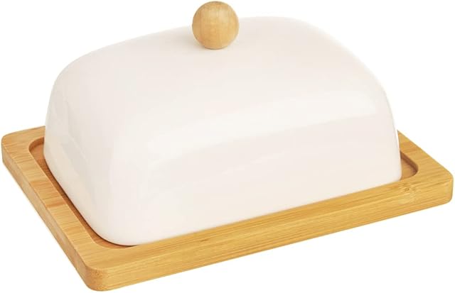 ORION GROUP Maselniczka porcelanowa z pokrywką | 16x13x8,5 cm | Biała porcelana i drewno bambusowe | Ekologiczny pojemnik na masło | Idealna dekoracja stołu oraz kuchni