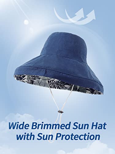 Image of HH HOFNEN Women Sun Hats Wide Brim Summer Beach Hat Chin Strap UV Protection Bucket Hat for Travel