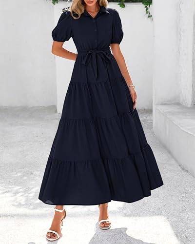 dowerme Womens Summer Dresses 2025 Short Sleeve Button Tie Waist Beach Vacation Clothes Boho Flowy Tiered Maxi Sundress2