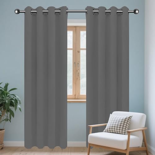 DOGUO Blackout Eyelet Curtains 260 x 130 cm Soft Thermal Insulated Black Out Bedroom Curtains Window Treatments for Bedroom, Kitchen, Dark Grey
