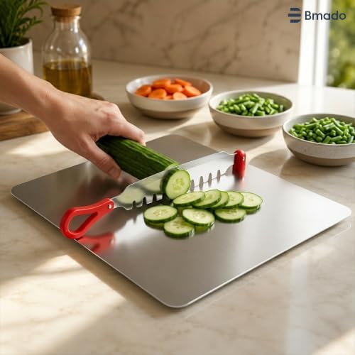 Image of Bmado 304 Stainless Steel Cutting Board with Vegetable Cutter | Premium Food Grade Countertop Chopping Board for Vegetables, Fruits & Bread | Heavy Duty, Durable, Safe | 310 x 340 x 1.3 mm