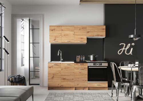PEGANE Cuisine complète Mila 6 éléments Couleur chêne Artisan avec Plan de Travail Inclus -Longueur 180 cm