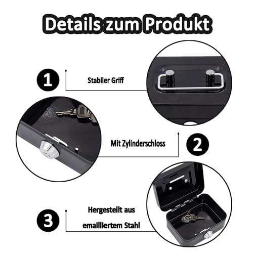 Kleine Geldkassette, Kleiner Safe, geldkassette Abschließbar mit Schlüssel, 11,5 x 8,5 x 5,8 cm, Metallschließfach Sparbüchse mit Tastensperre, geldtasche, Tresor, geldkassette abschließbar(Schwarz)