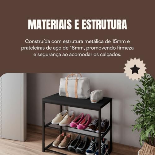 Sapateira Banco Industrial Para Hall/Closet/Quarto 2 Prateleiras em Chapa de Aço - LH Móveis (Preto)
