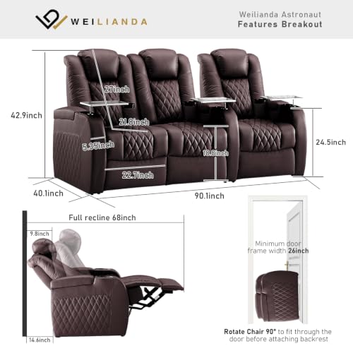 Image of Weilianda Home Theater Seating, Top Grain Leather Movie Theater Chair | Brown Row of 3 Loveseat Left, Zero Gravity, Power Headrest, Tray Table, Electric Reclining Seat for Media Room