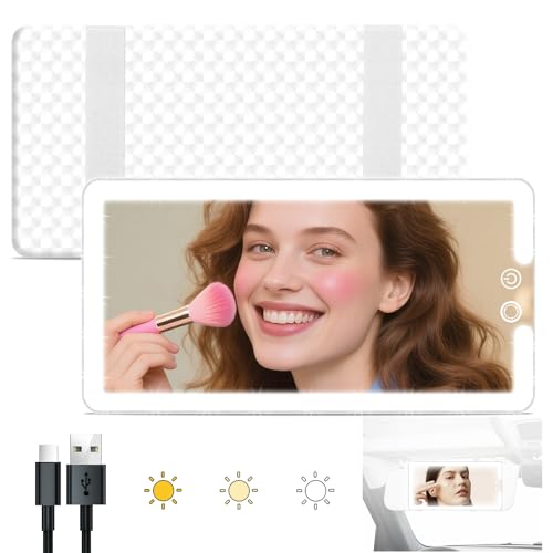 Image of Car Sun Visor Vanity Mirror with Lights, Rechargeable LED Car Visor Makeup Mirror with 3 Color Dimmable Lights - Universal Accessories for Cars, SUVs, Trucks (White)