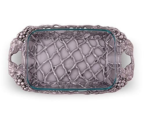 Arthur Court Metal Pyrex Glass Casserole Dish Holder Grape Pattern Sand Casted In Aluminum With Artisan Quality Hand Polished Design Tarnish-Free 21 Inch Long 3 Quart Removable Glass Dish Included #TOP1